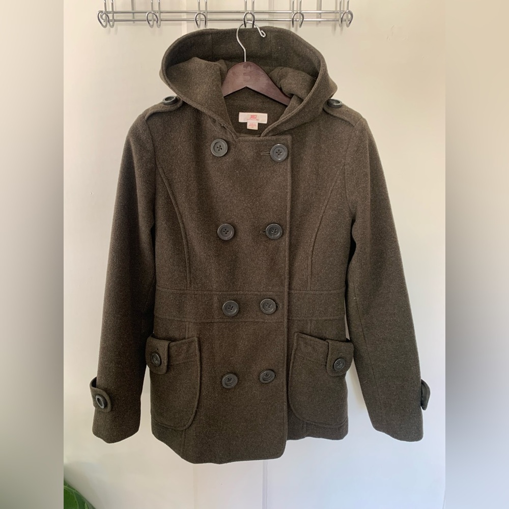 Y2K JLo wool blend hooded pea coat small green